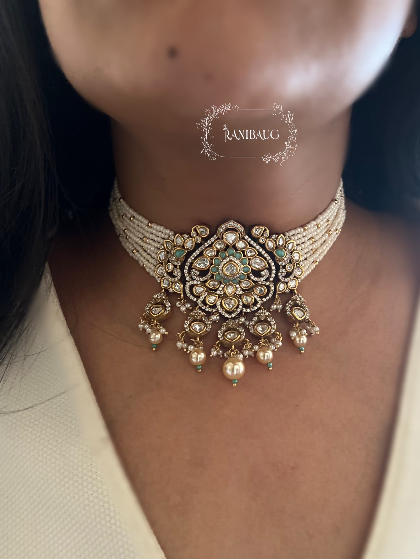 Jodhaa Victorian Finish Premium Mossainite And Pearl Choker Jewellery Set By Ranibaug