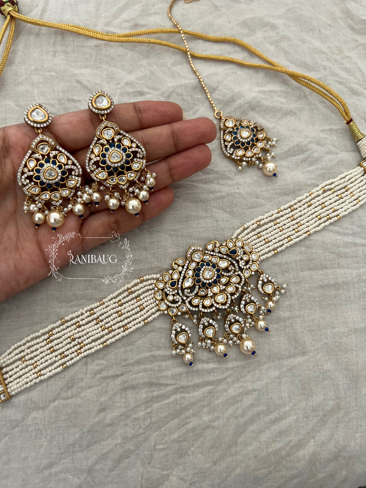 Jodhaa Victorian Finish Premium Mossainite And Pearl Choker Jewellery Set By Ranibaug
