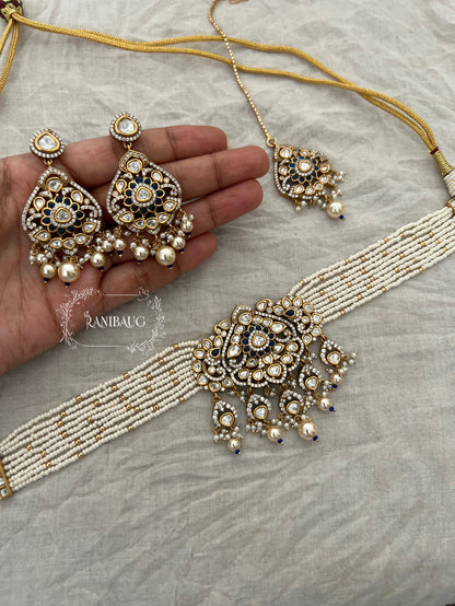 Jodhaa Victorian Finish Premium Mossainite And Pearl Choker Jewellery Set By Ranibaug