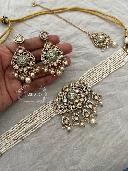 Jodhaa Victorian Finish Premium Mossainite And Pearl Choker Jewellery Set By Ranibaug