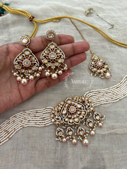 Jodhaa Victorian Finish Premium Mossainite And Pearl Choker Jewellery Set By Ranibaug