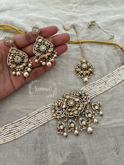 Jodhaa Victorian Finish Premium Mossainite And Pearl Choker Jewellery Set By Ranibaug