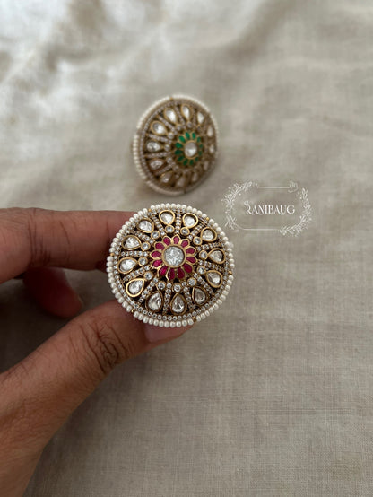 Juhi Royal Oversized Indian Festive Mossainite Polki Ring Jewelry By Ranibaug