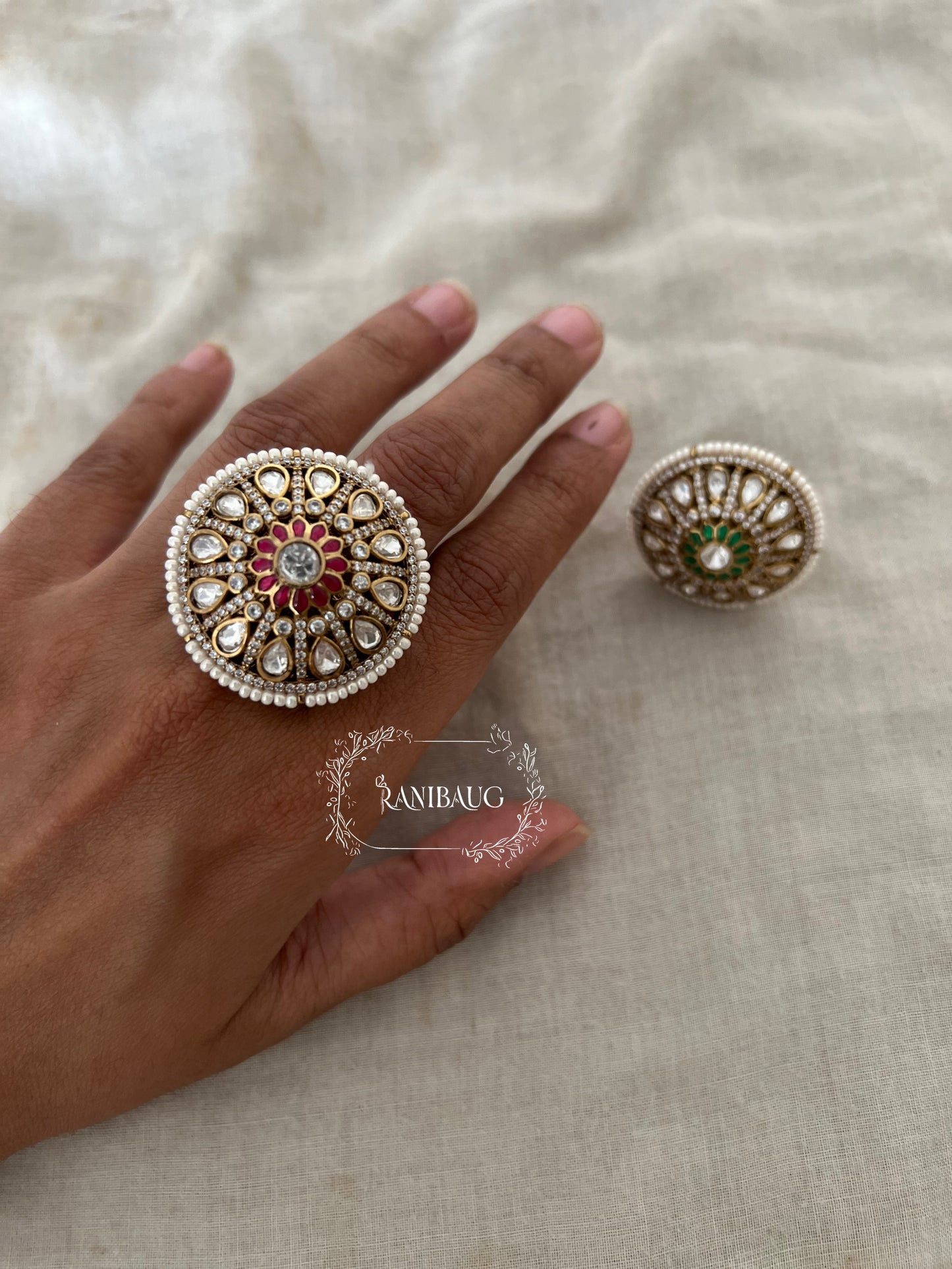 Juhi Royal Oversized Indian Festive Mossainite Polki Ring Jewelry By Ranibaug