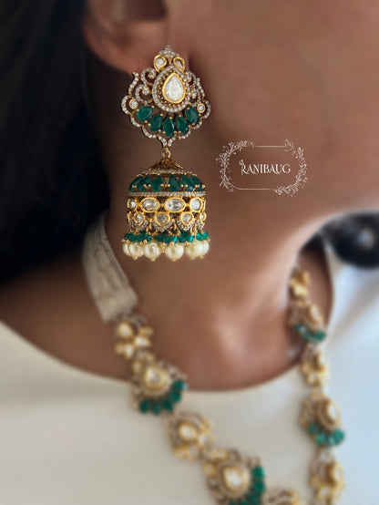 Kaikeyi Emerald Stone And Polki Studded Victorian Gold Finish Trendy Wedding Jewelry Set By Ranibaug