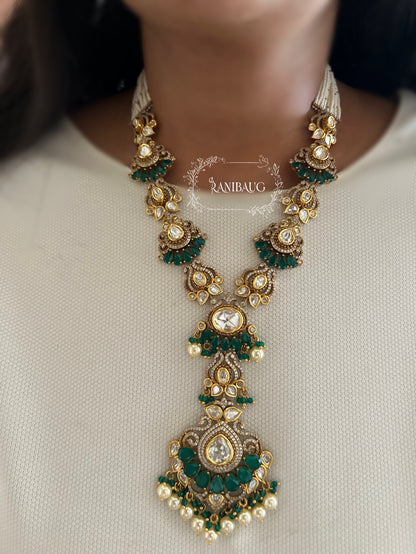 Kaikeyi Emerald Stone And Polki Studded Victorian Gold Finish Trendy Wedding Jewelry Set By Ranibaug