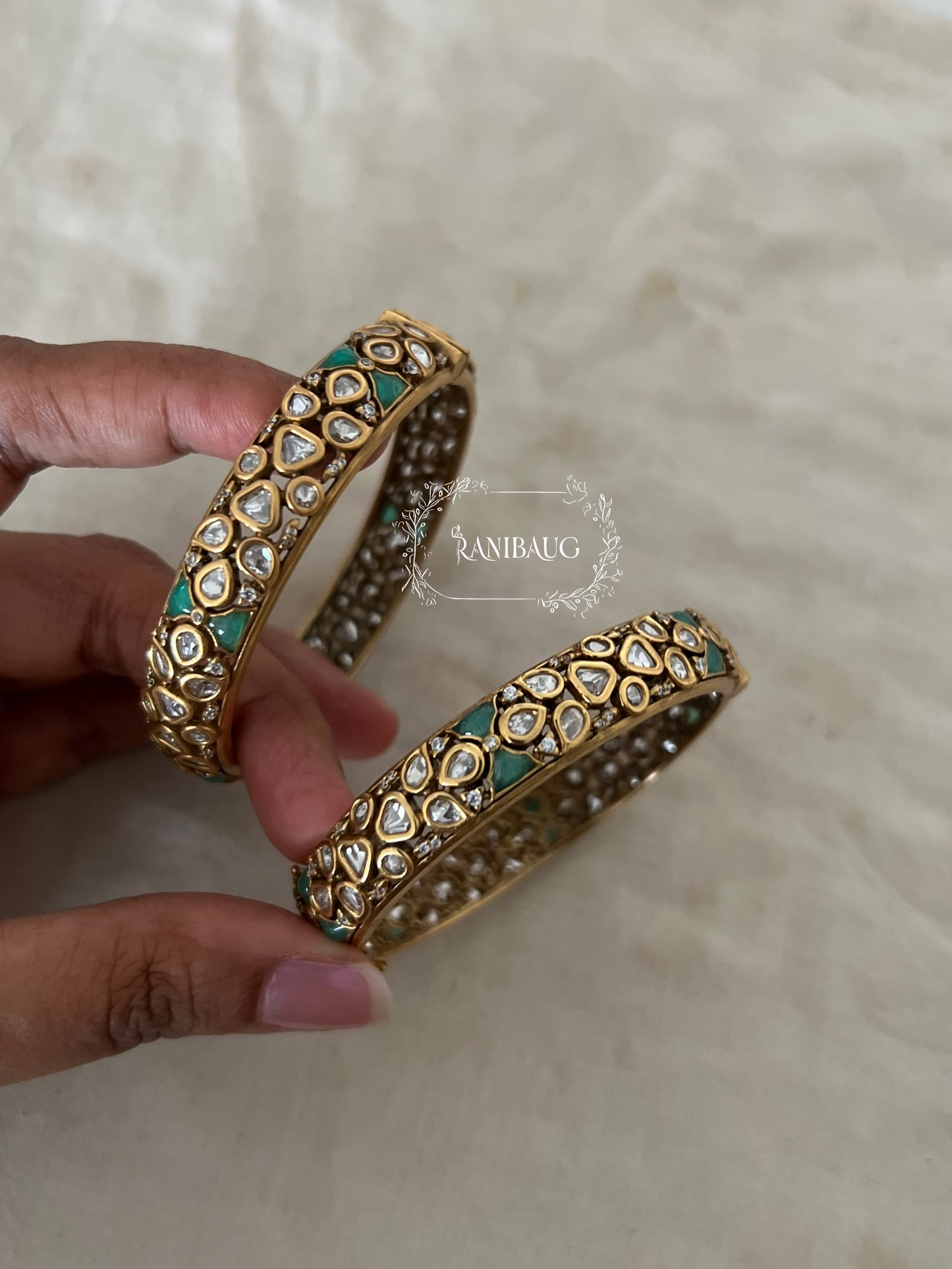 Kailashi Polki Antique Gold Plated Premium Bangles Jewellery By Ranibaug