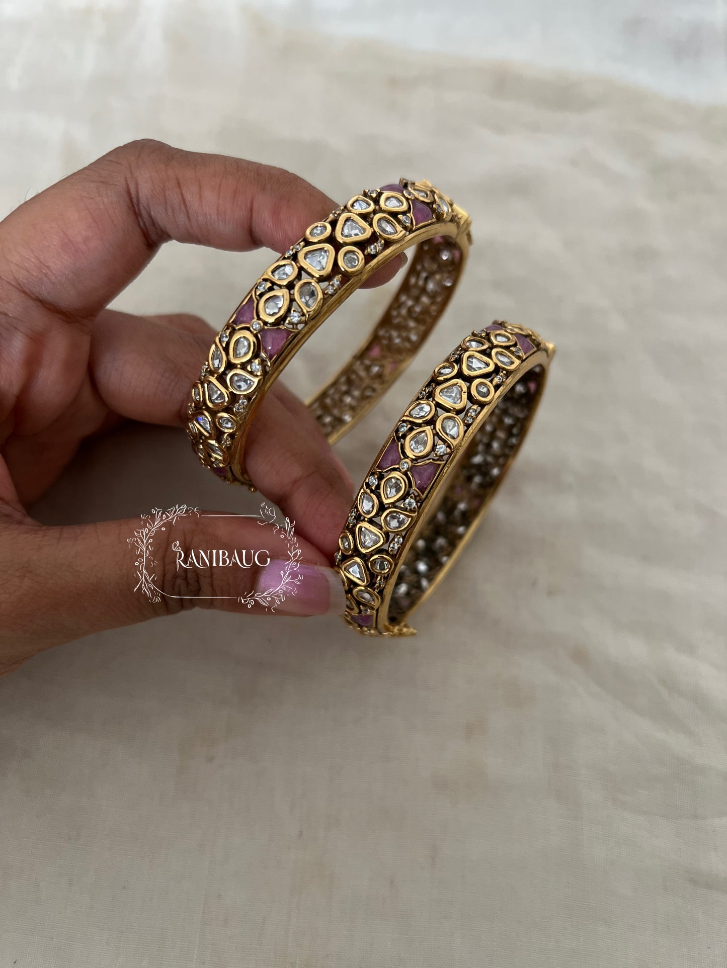Kailashi Polki Antique Gold Plated Premium Bangles Jewellery By Ranibaug