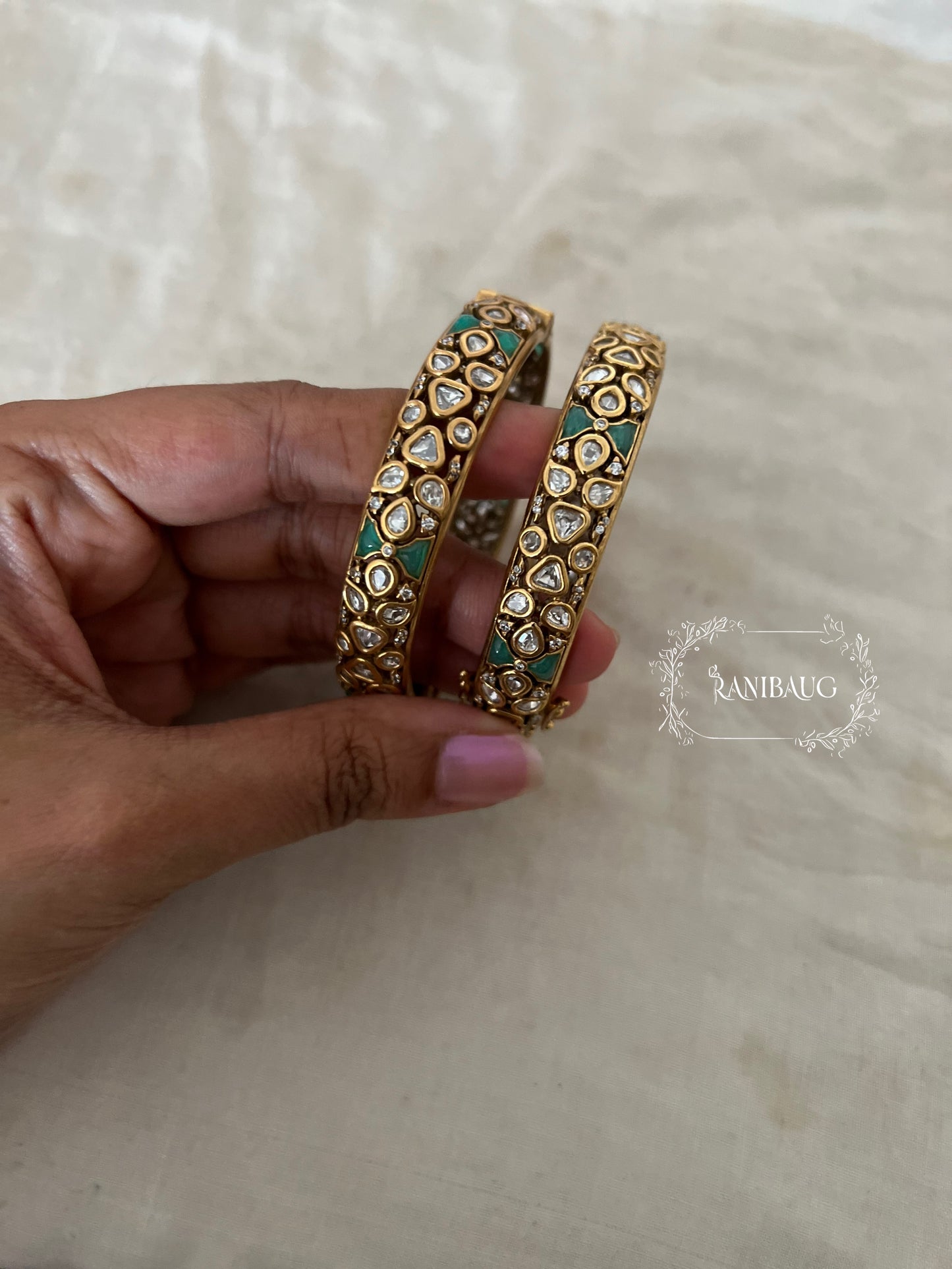 Kailashi Polki Antique Gold Plated Premium Bangles Jewellery By Ranibaug