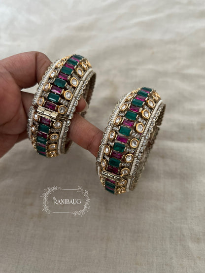 Kairavi Emerald Ruby Stones Polki Studded Gold Finish Pearl Adorned Broad Statement Kada Bangles By Ranibaug