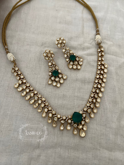 Kairavi Gemstone Motif Polki Adorned Gold Finish Designer Festive Jewellery Set By Ranibaug