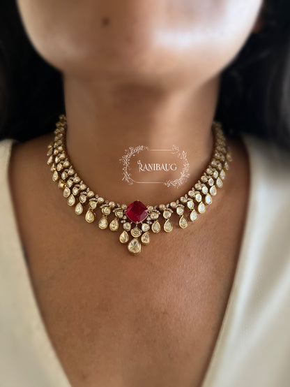 Kairavi Gemstone Motif Polki Adorned Gold Finish Designer Festive Jewellery Set By Ranibaug