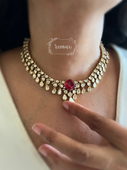 Kairavi Gemstone Motif Polki Adorned Gold Finish Designer Festive Jewellery Set By Ranibaug