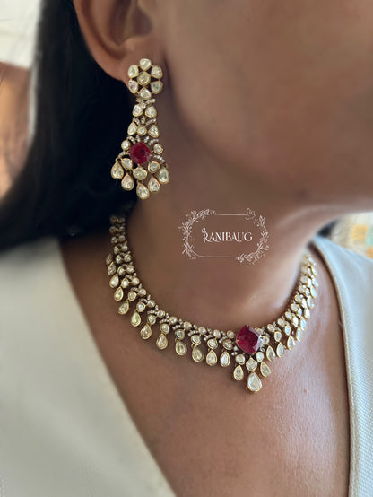 Kairavi Gemstone Motif Polki Adorned Gold Finish Designer Festive Jewellery Set By Ranibaug
