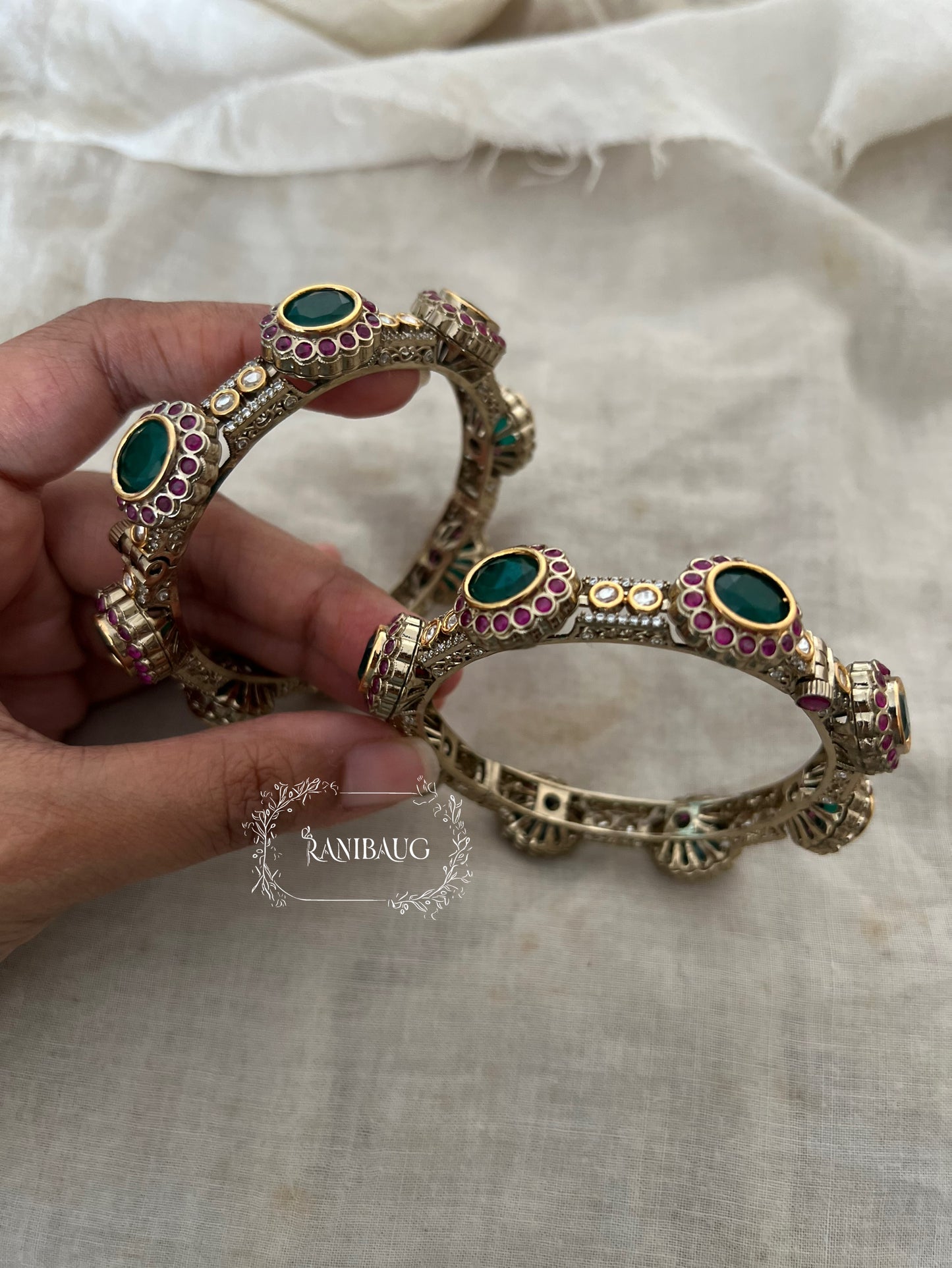 Kajal Polki Studded Ruby Emerald Accents Gold Finish Premium Bangles Jewelry By Ranibaug