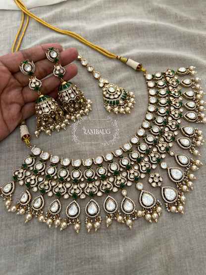 Kalyani Royal Polki Studded Pearl Adorned Gold Finish Bridal Necklace Jewellery Set By Ranibaug