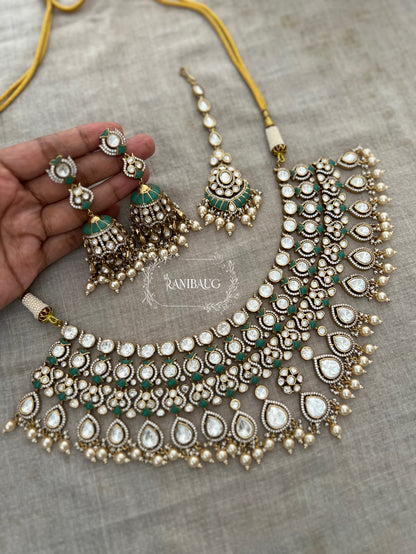 Kalyani Royal Polki Studded Pearl Adorned Gold Finish Bridal Necklace Jewellery Set By Ranibaug