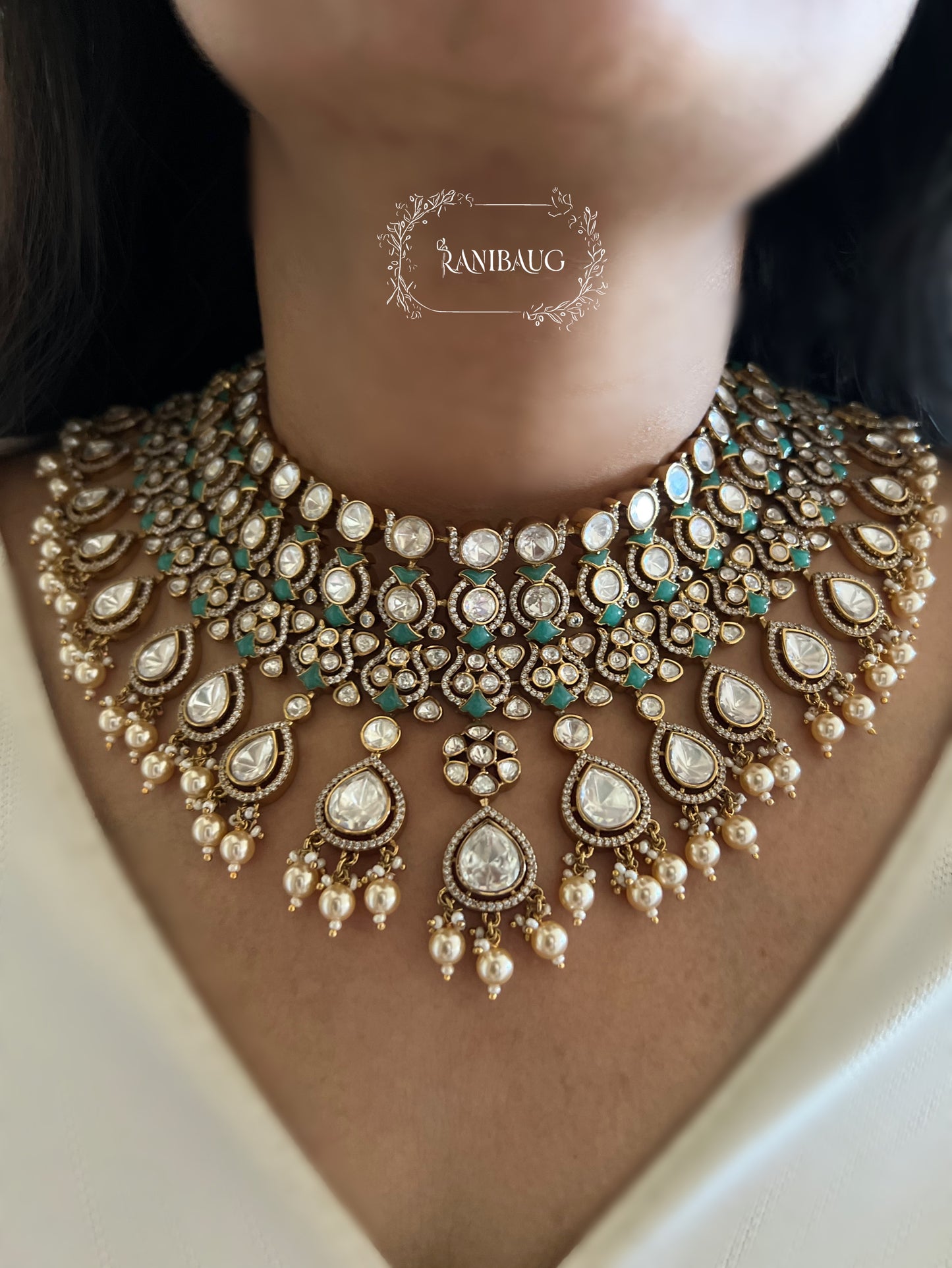Kalyani Royal Polki Studded Pearl Adorned Gold Finish Bridal Necklace Jewellery Set By Ranibaug