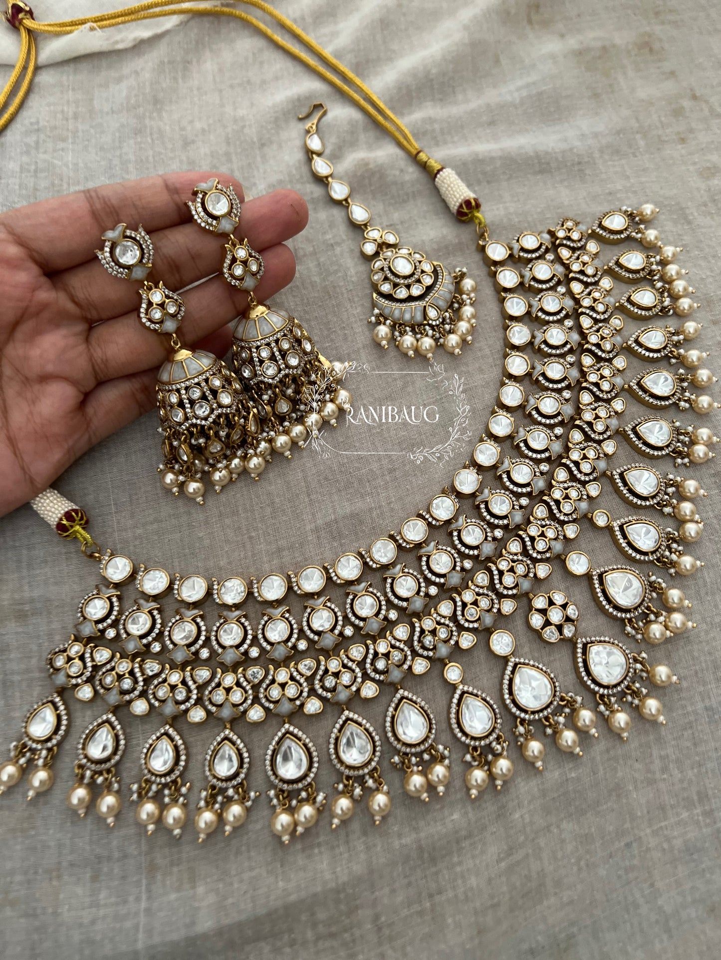 Kalyani Royal Polki Studded Pearl Adorned Gold Finish Bridal Necklace Jewellery Set By Ranibaug