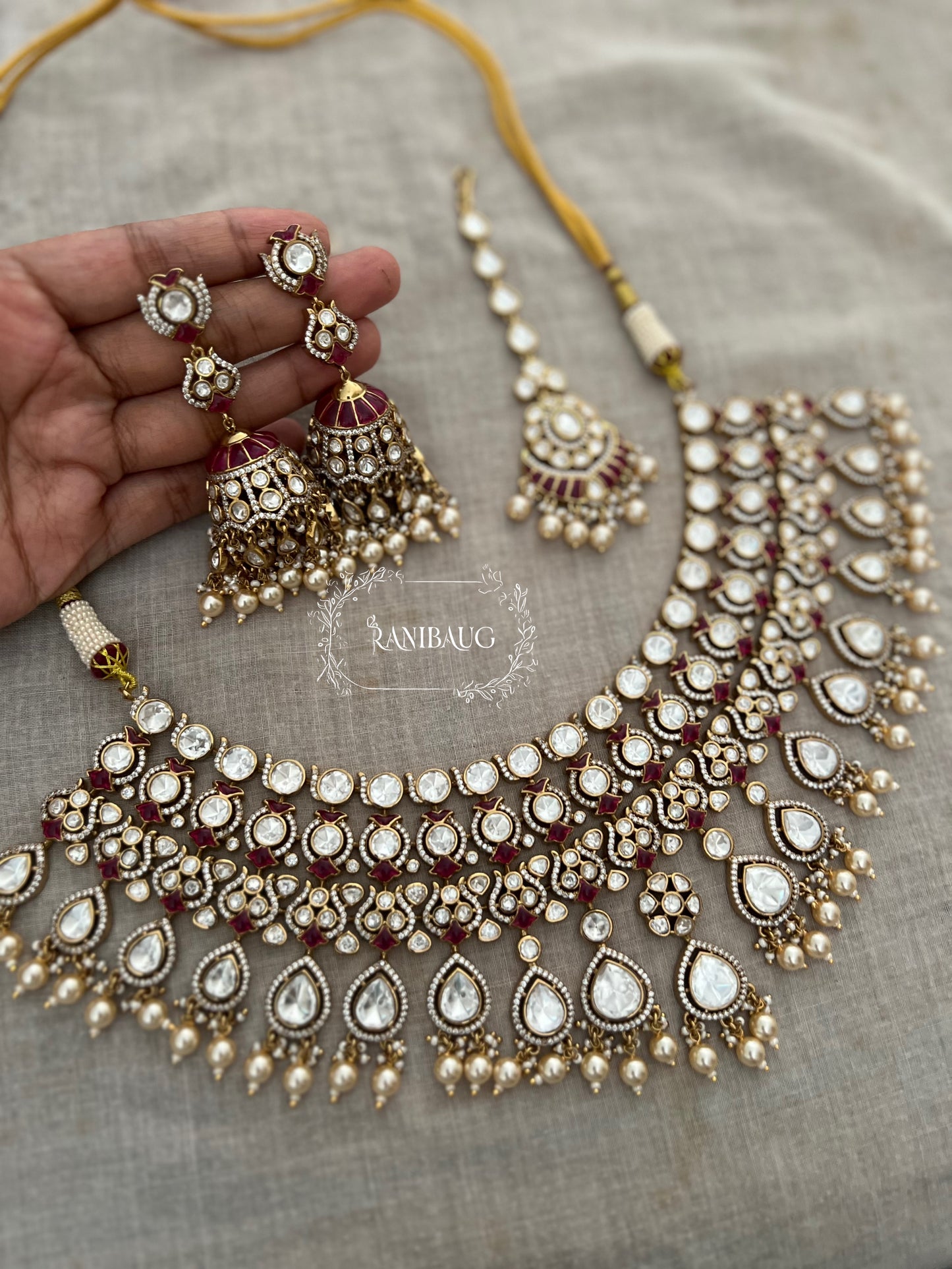 Kalyani Royal Polki Studded Pearl Adorned Gold Finish Bridal Necklace Jewellery Set By Ranibaug