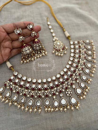 Kalyani Royal Polki Studded Pearl Adorned Gold Finish Bridal Necklace Jewellery Set By Ranibaug