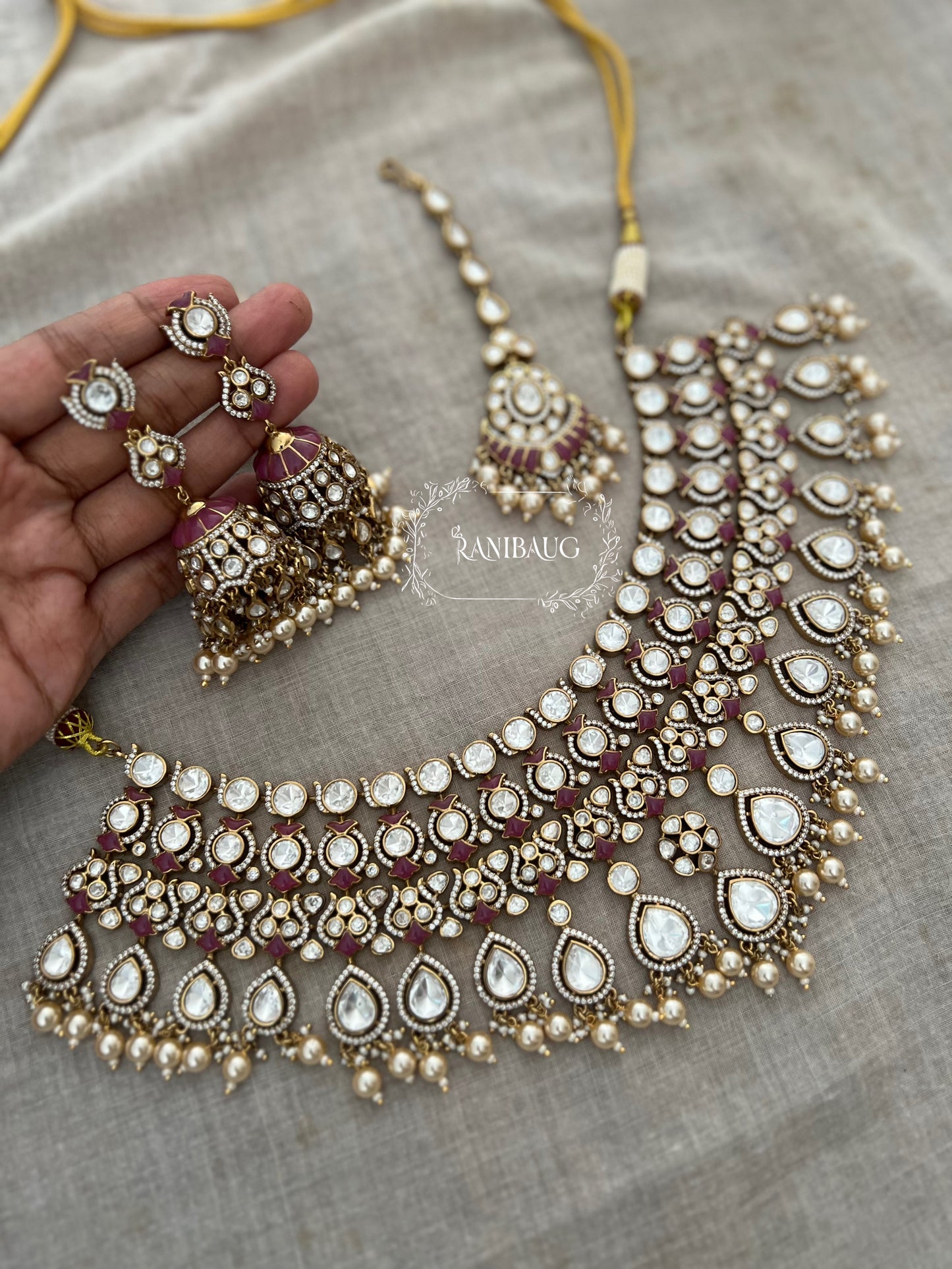 Kalyani Royal Polki Studded Pearl Adorned Gold Finish Bridal Necklace Jewellery Set By Ranibaug