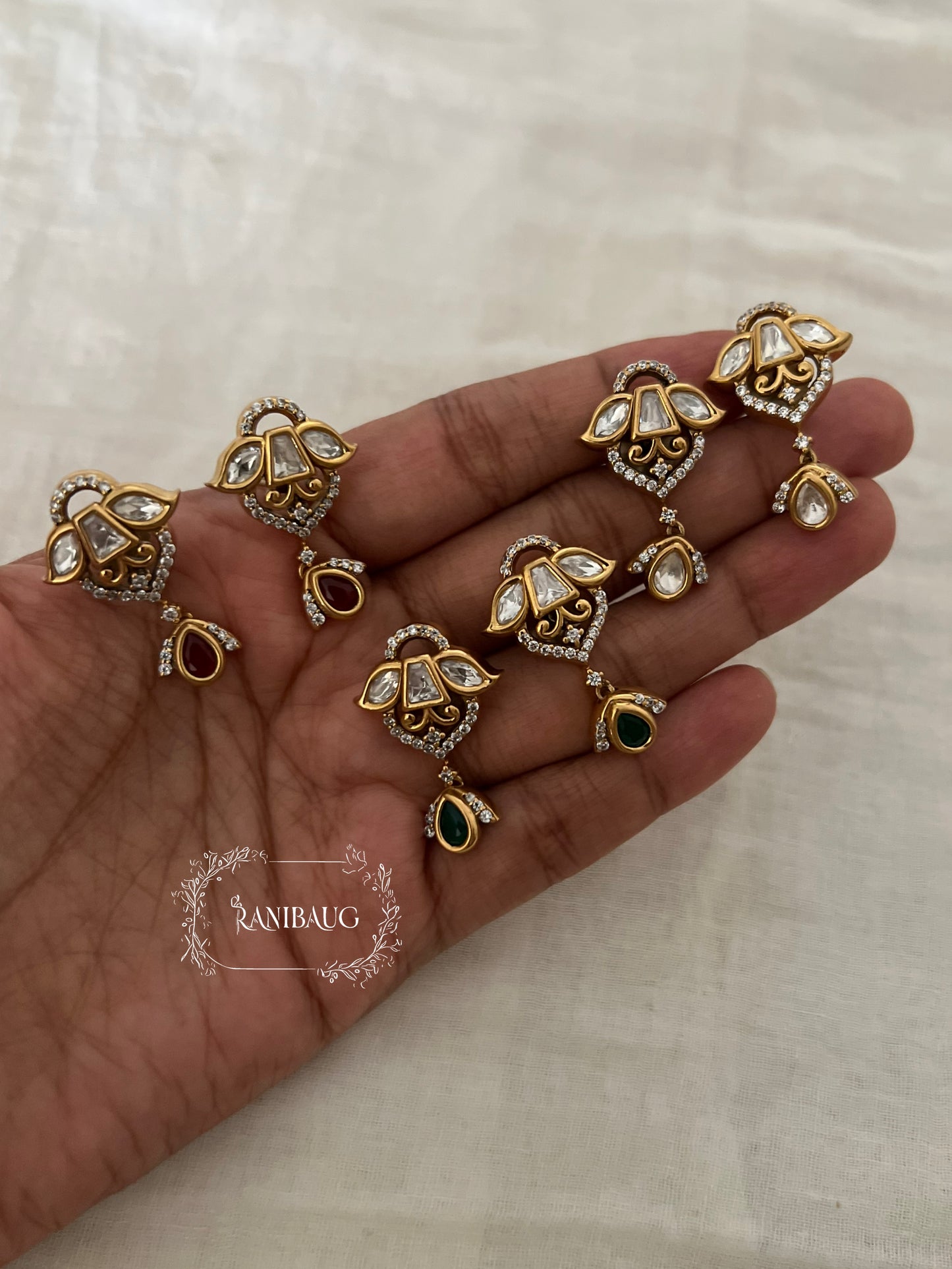 Kamalika Designer Polki Kundan Gold Finish Dangle Drop Motif Ear Studs By Ranibaug