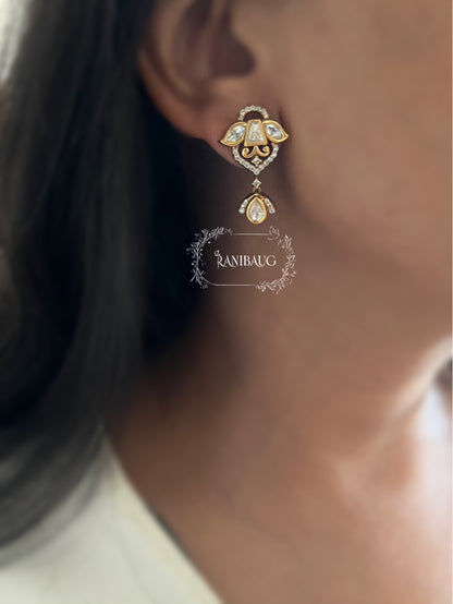 Kamalika Designer Polki Kundan Gold Finish Dangle Drop Motif Ear Studs By Ranibaug