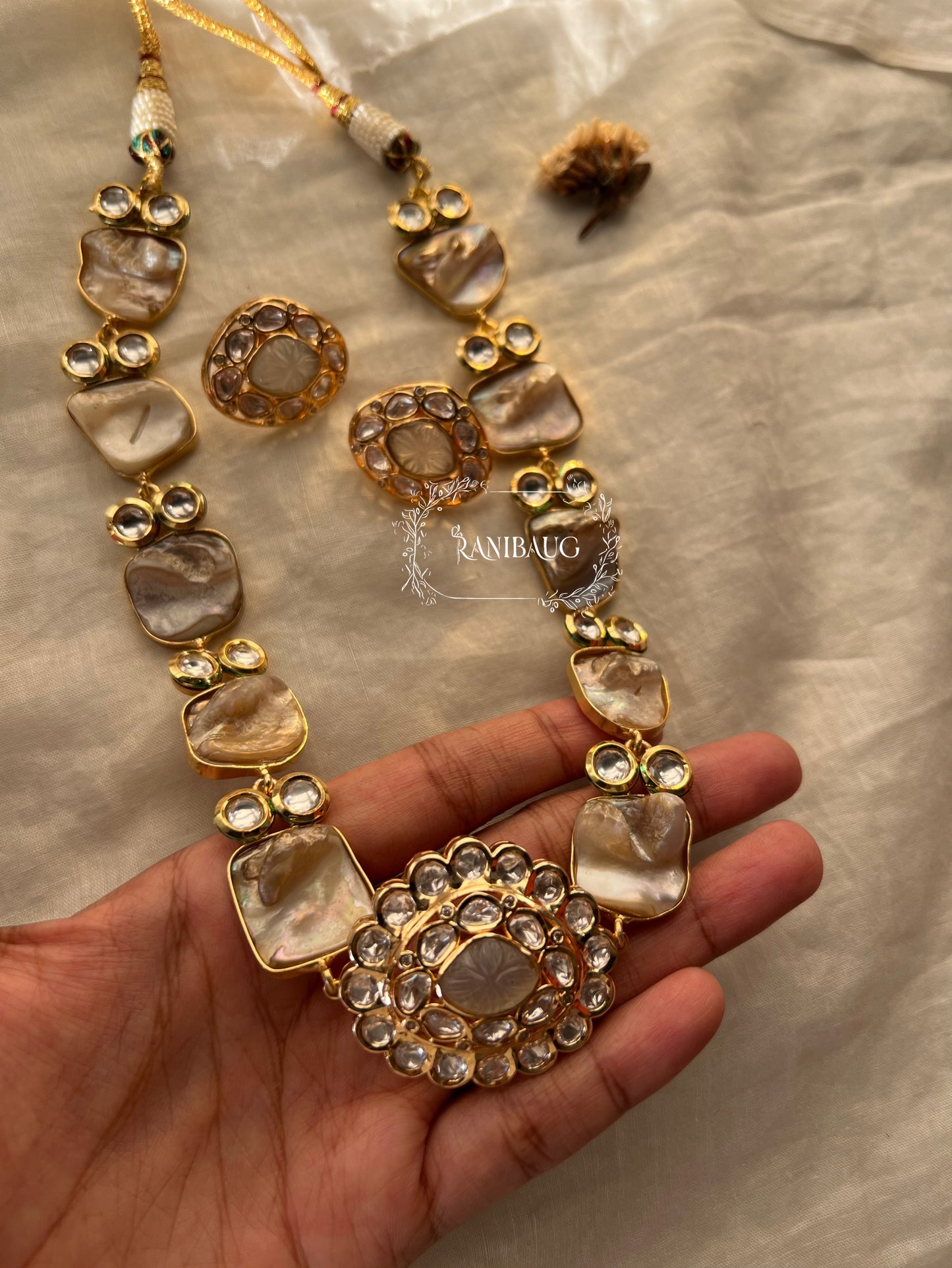 Kamya Modern Gold Finish Semi Precious Necklace Set Featuring Real Baroque Pearls In Handcrafted Motifs And Polki By Ranibaug | Semi Precious Jewelry Set Collection 2026