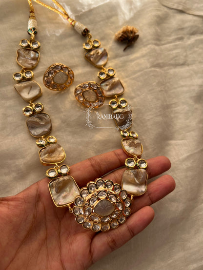 Kamya Modern Gold Finish Semi Precious Necklace Set Featuring Real Baroque Pearls In Handcrafted Motifs And Polki By Ranibaug | Semi Precious Jewelry Set Collection 2026