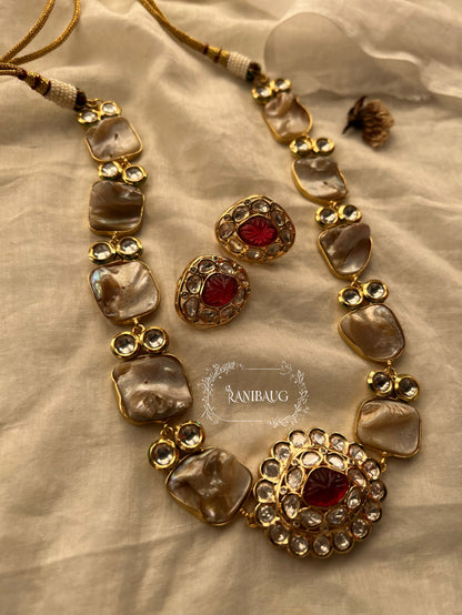 Kamya Modern Gold Finish Semi Precious Necklace Set Featuring Real Baroque Pearls In Handcrafted Motifs And Polki By Ranibaug | Semi Precious Jewelry Set Collection 2026
