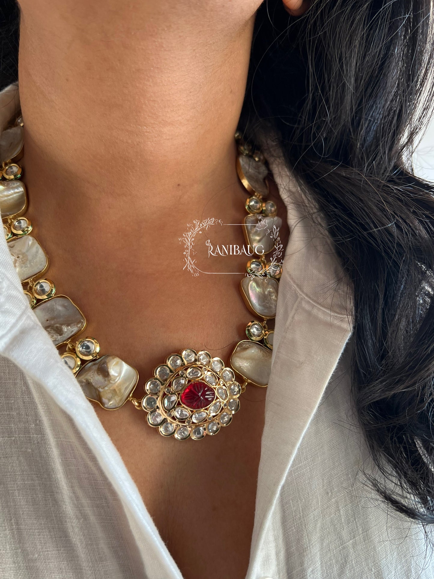 Kamya Modern Gold Finish Semi Precious Necklace Set Featuring Real Baroque Pearls In Handcrafted Motifs And Polki By Ranibaug | Semi Precious Jewelry Set Collection 2026