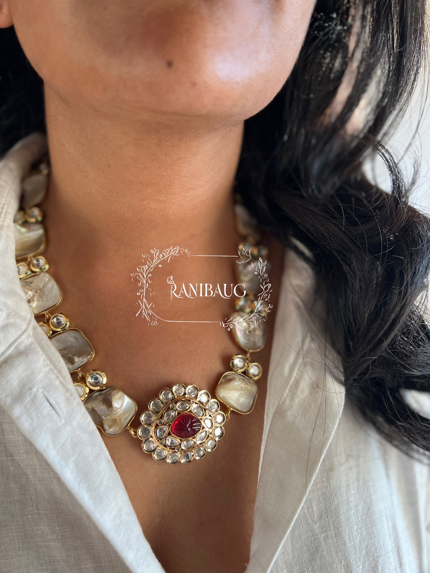 Kamya Modern Gold Finish Semi Precious Necklace Set Featuring Real Baroque Pearls In Handcrafted Motifs And Polki By Ranibaug | Semi Precious Jewelry Set Collection 2026