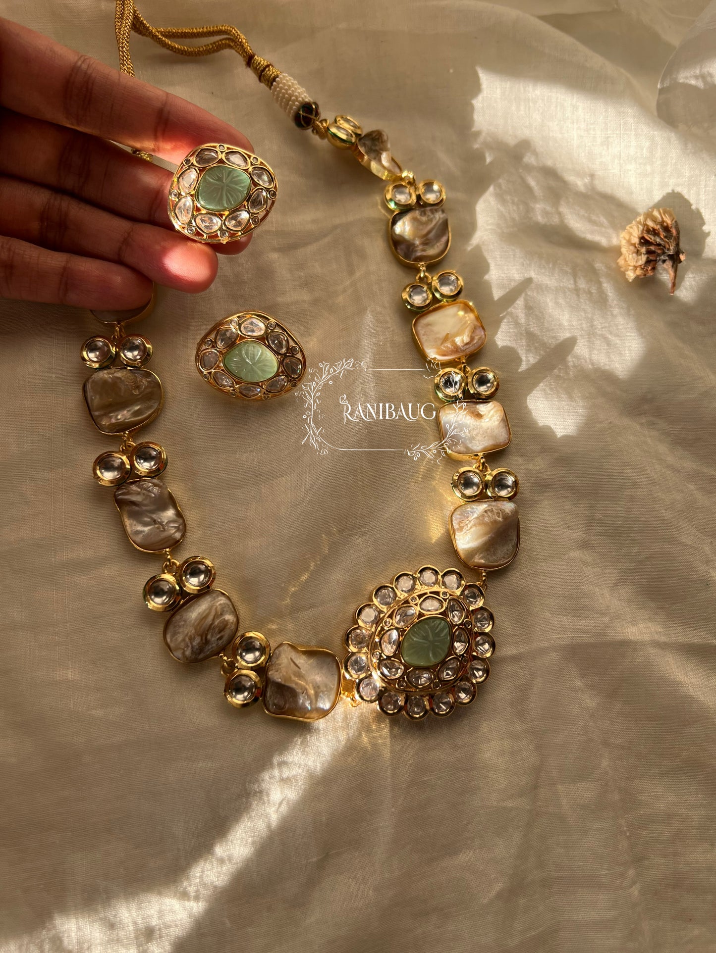 Kamya Modern Gold Finish Semi Precious Necklace Set Featuring Real Baroque Pearls In Handcrafted Motifs And Polki By Ranibaug | Semi Precious Jewelry Set Collection 2026