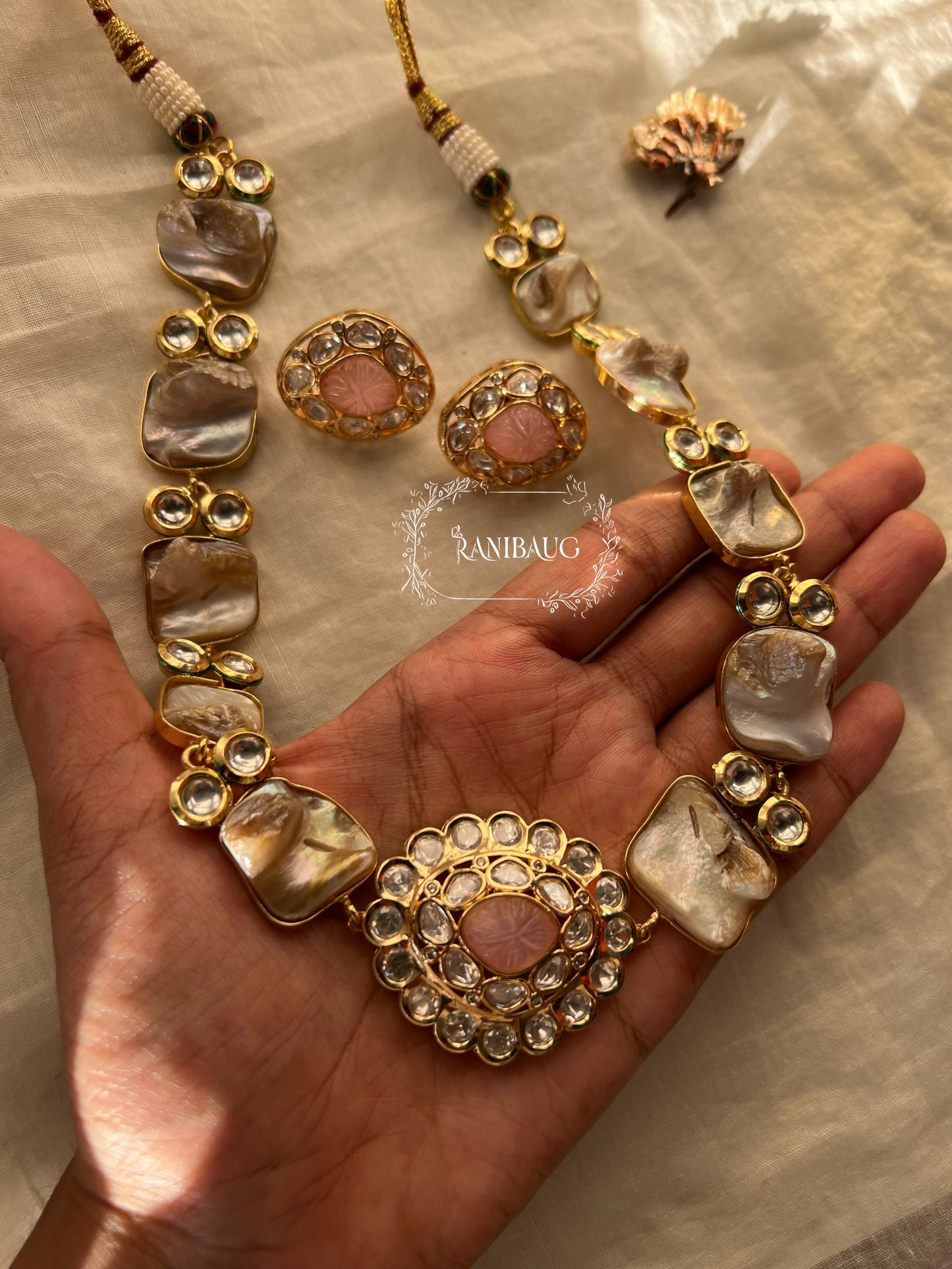 Kamya Modern Gold Finish Semi Precious Necklace Set Featuring Real Baroque Pearls In Handcrafted Motifs And Polki By Ranibaug | Semi Precious Jewelry Set Collection 2026