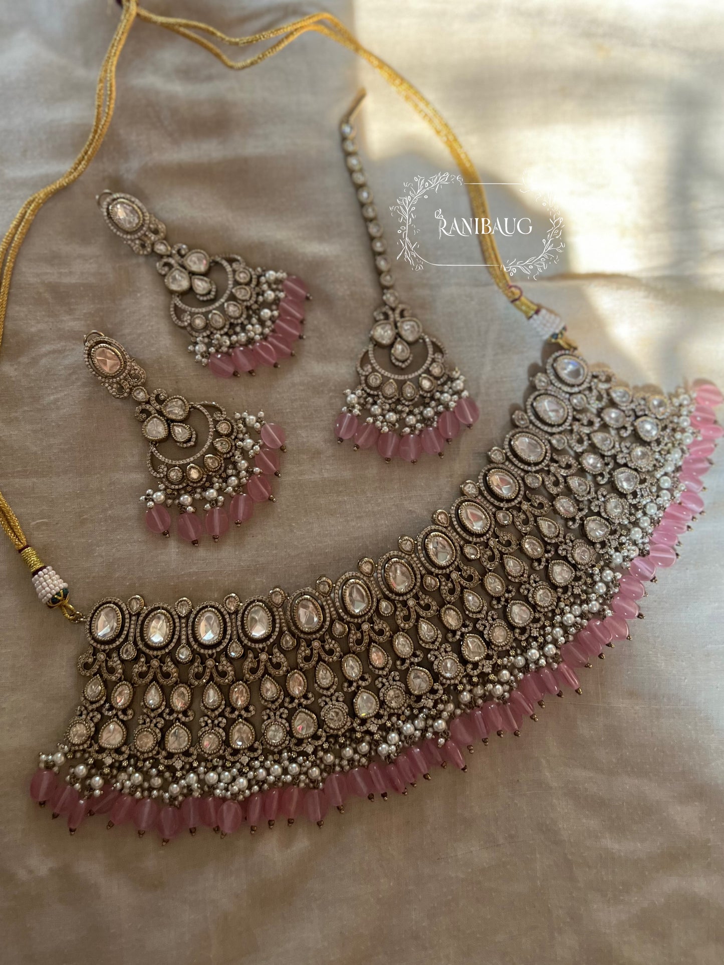 Kamya Victorian Finish Mirror Style Kundan Studded Heavy Bridal Choker Set With Maang Tikka By Ranibaug