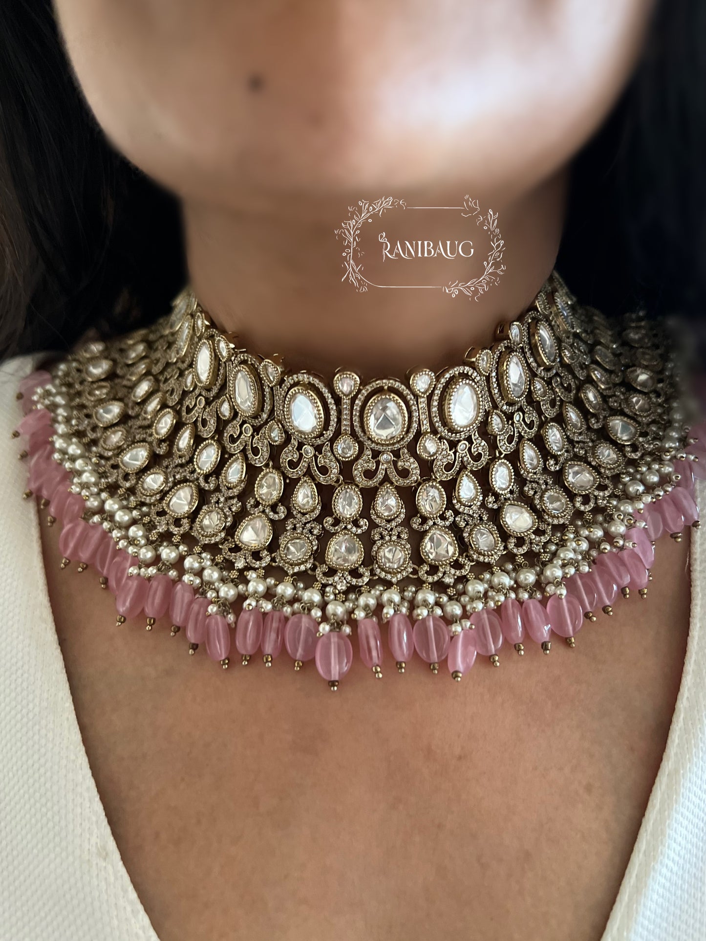 Kamya Victorian Finish Mirror Style Kundan Studded Heavy Bridal Choker Set With Maang Tikka By Ranibaug