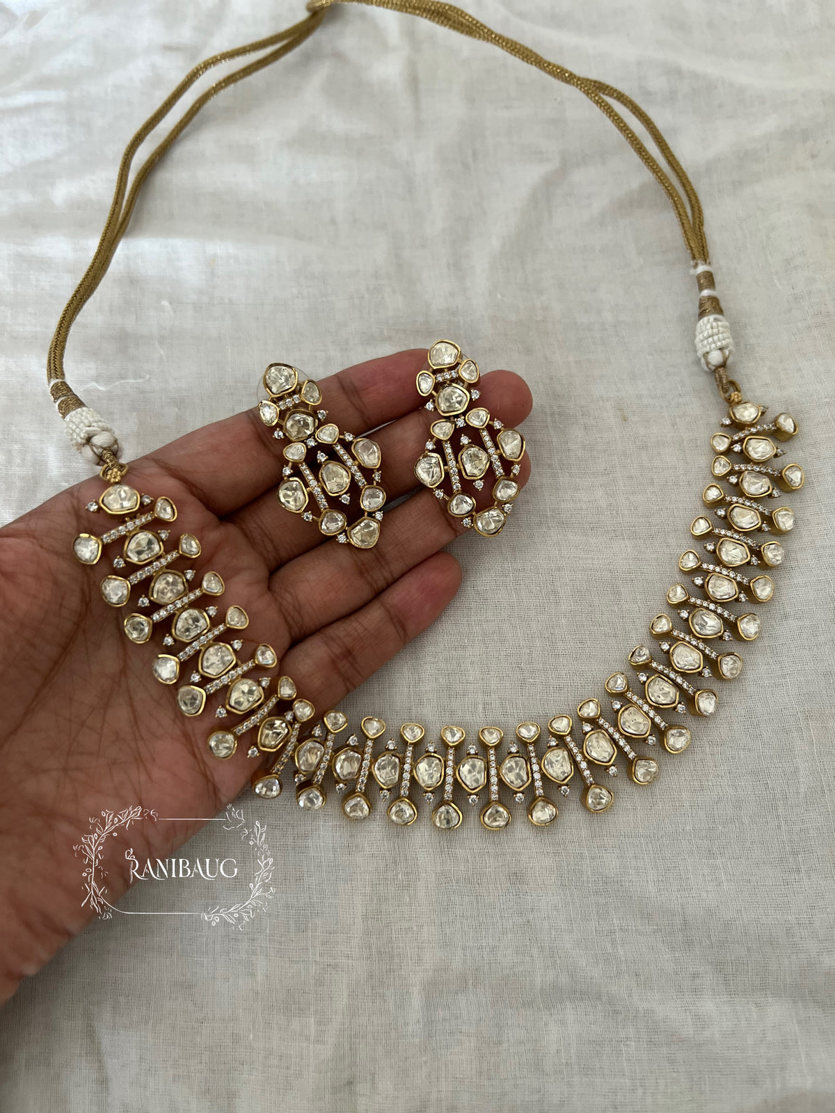 Kanchan Mossainite Polki Rich Gold Finish Royal Statement Jewellery Set By Ranibaug