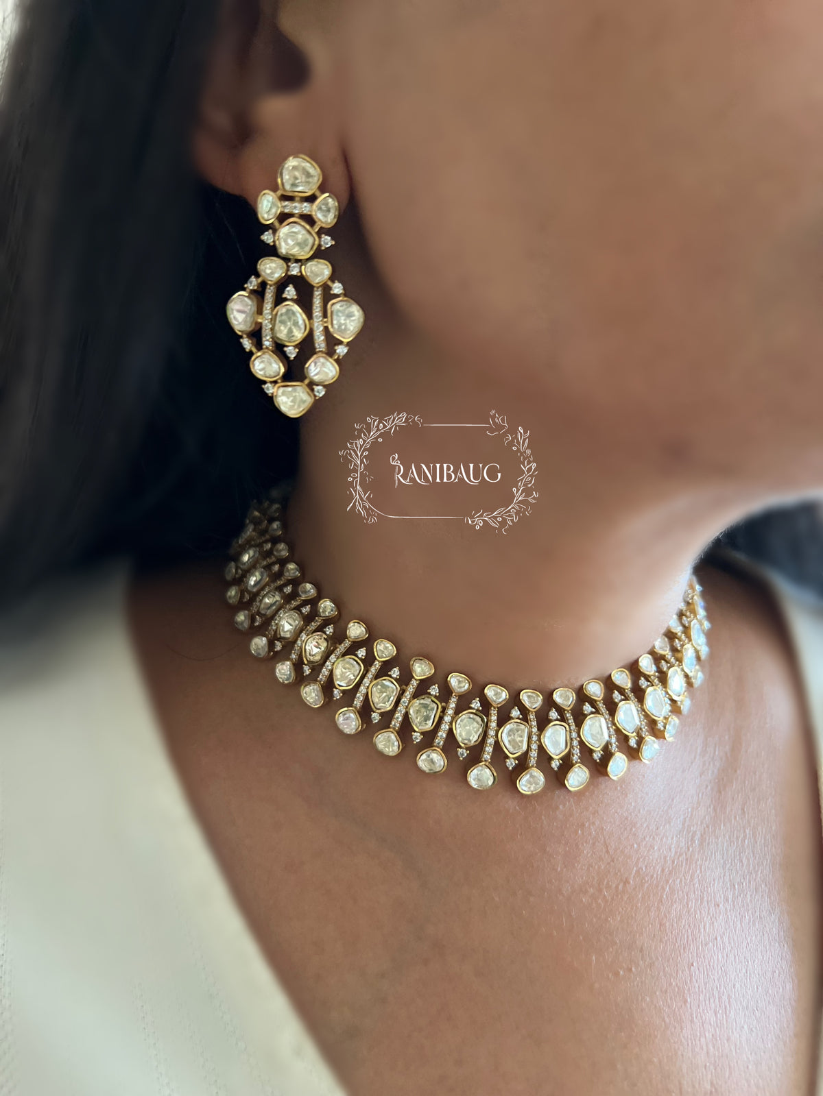Kanchan Mossainite Polki Rich Gold Finish Royal Statement Jewellery Set By Ranibaug
