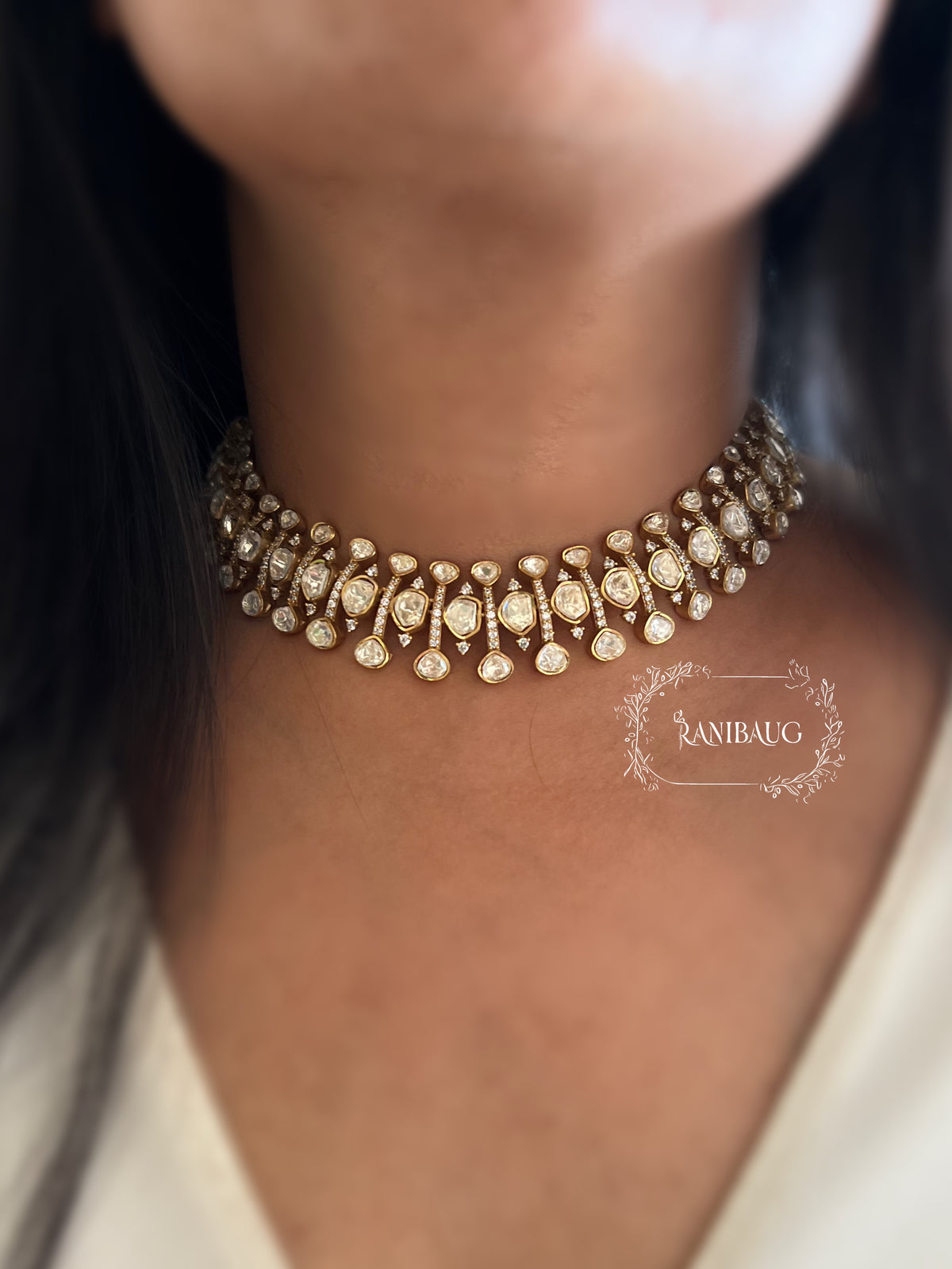 Kanchan Mossainite Polki Rich Gold Finish Royal Statement Jewellery Set By Ranibaug