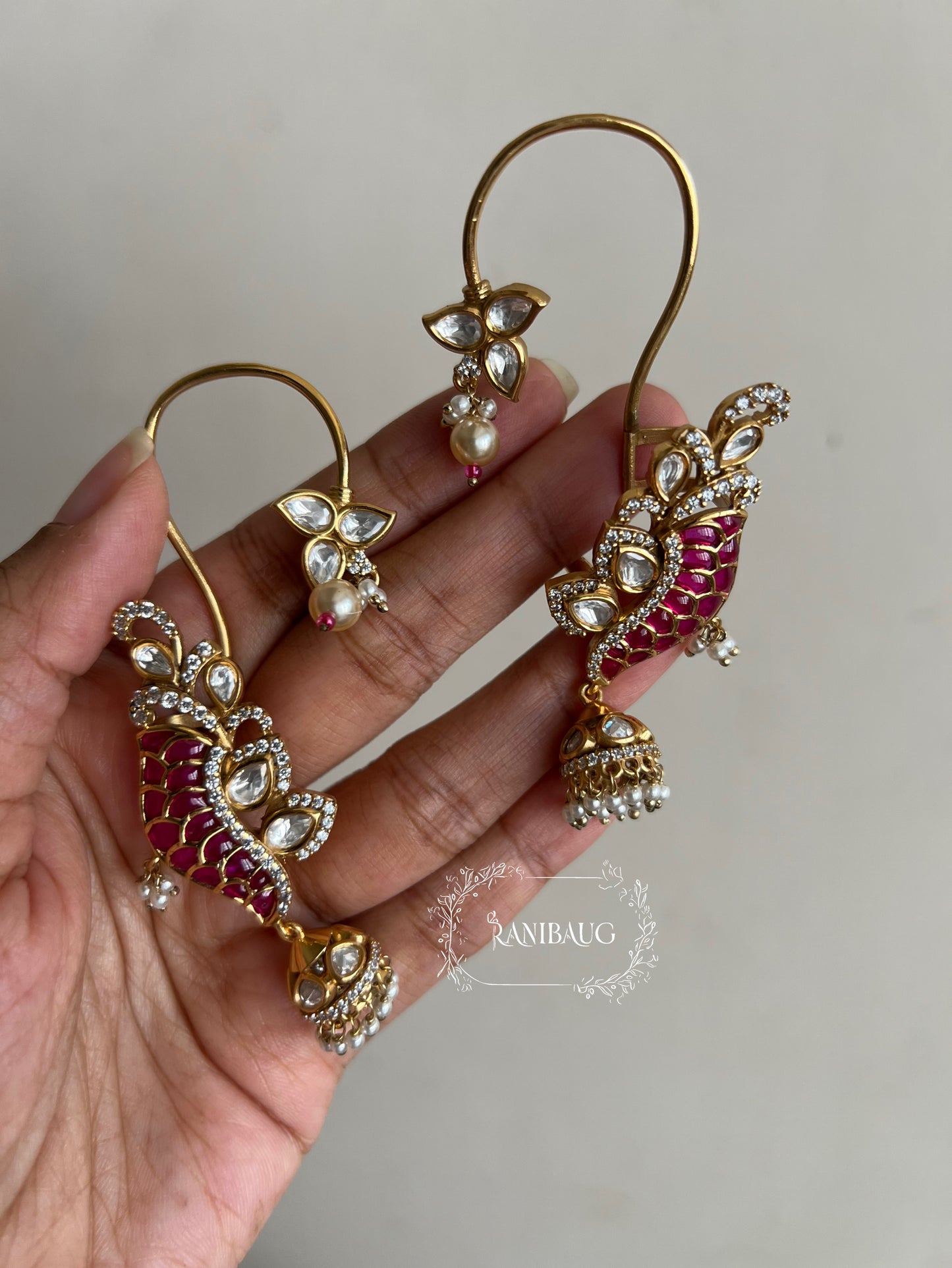 Kanchan Polki Kundan Enamel Work Designer Trendy Rich Gold Finish Ear Cuff Earrings By Ranibaug