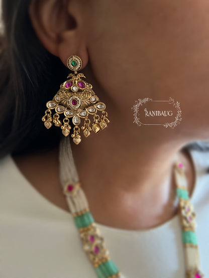 Kangana Antique Gold Finish Beaded Kundan Studded Designer Heritage Necklace Set By Ranibaug