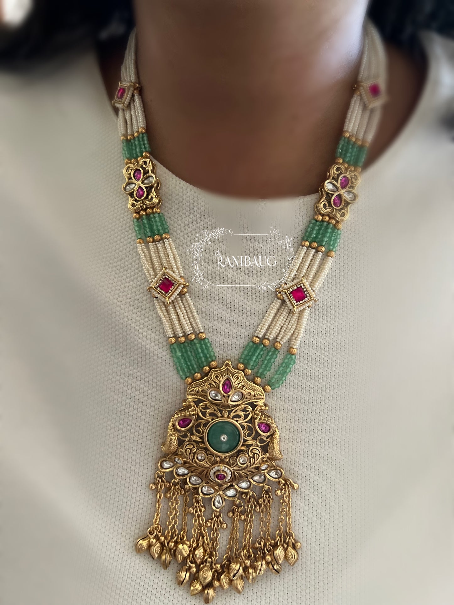 Kangana Antique Gold Finish Beaded Kundan Studded Designer Heritage Necklace Set By Ranibaug