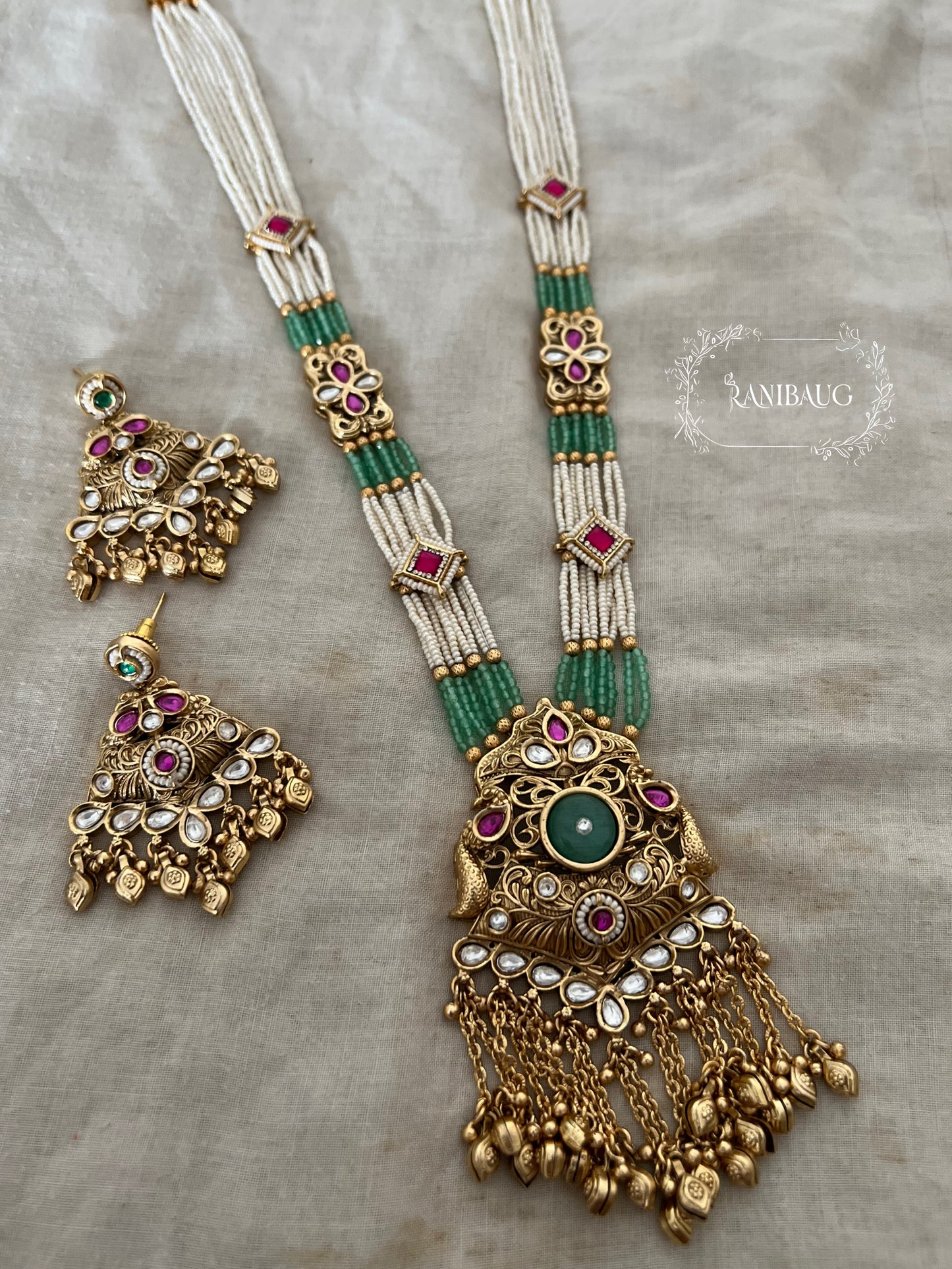 Kangana Antique Gold Finish Beaded Kundan Studded Designer Heritage Necklace Set By Ranibaug