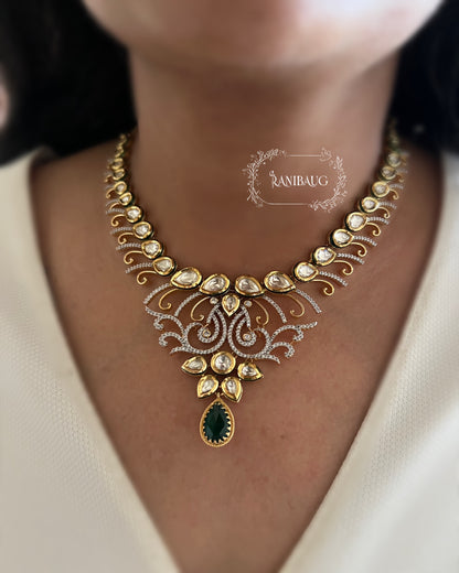 Kanika Emerald Teardrop Motif Polki And Diamond Studded Rich Gold Finish Designer Necklace Set By Ranibaug