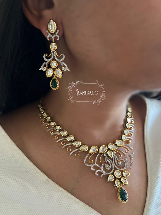 Kanika Emerald Teardrop Motif Polki And Diamond Studded Rich Gold Finish Designer Necklace Set By Ranibaug