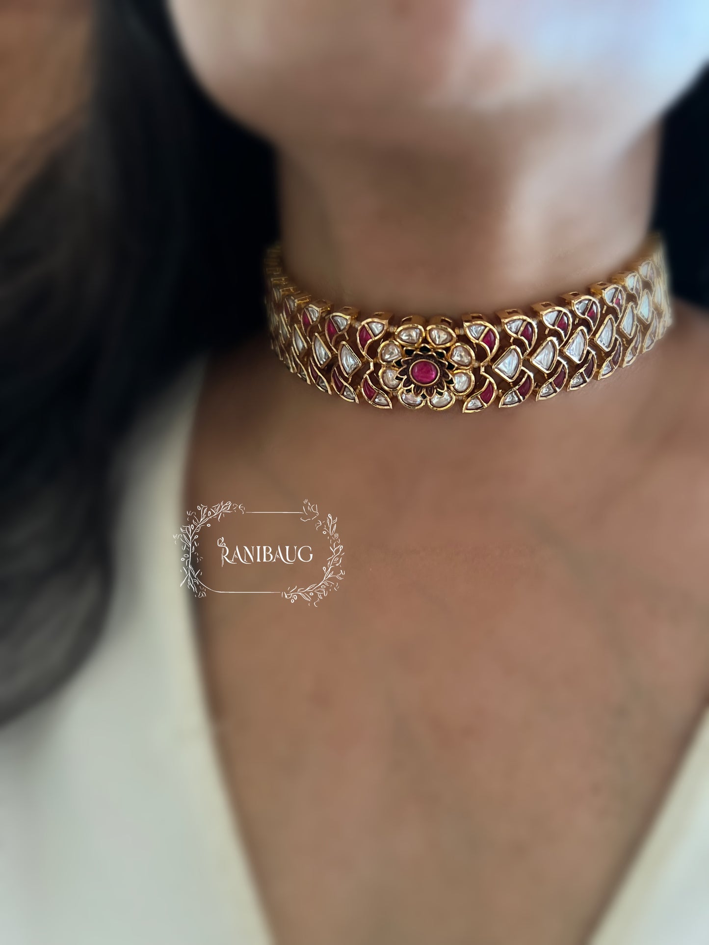 Kanika Flower Design Featuring In Premium Mossainite Kundan And Rich Gold Finish Choker Necklace Set With Flower Stud Earrings By Ranibaug
