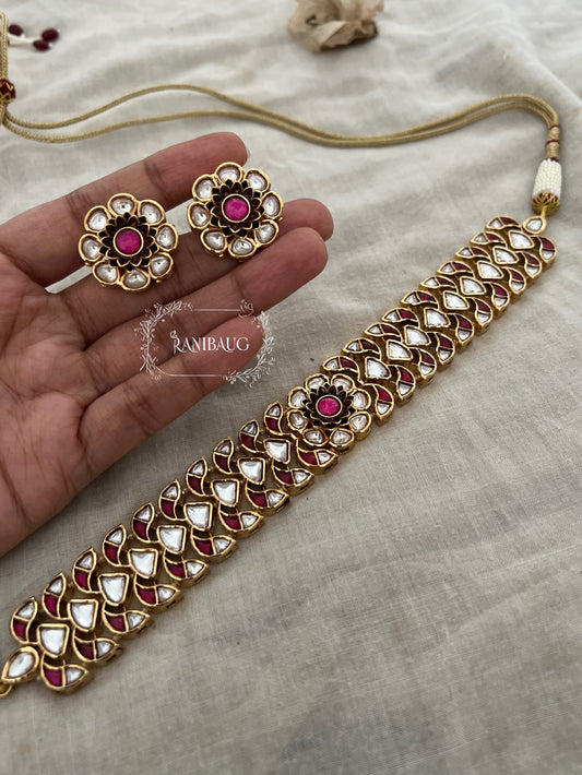 Kanika Flower Design Featuring In Premium Mossainite Kundan And Rich Gold Finish Choker Necklace Set With Flower Stud Earrings By Ranibaug