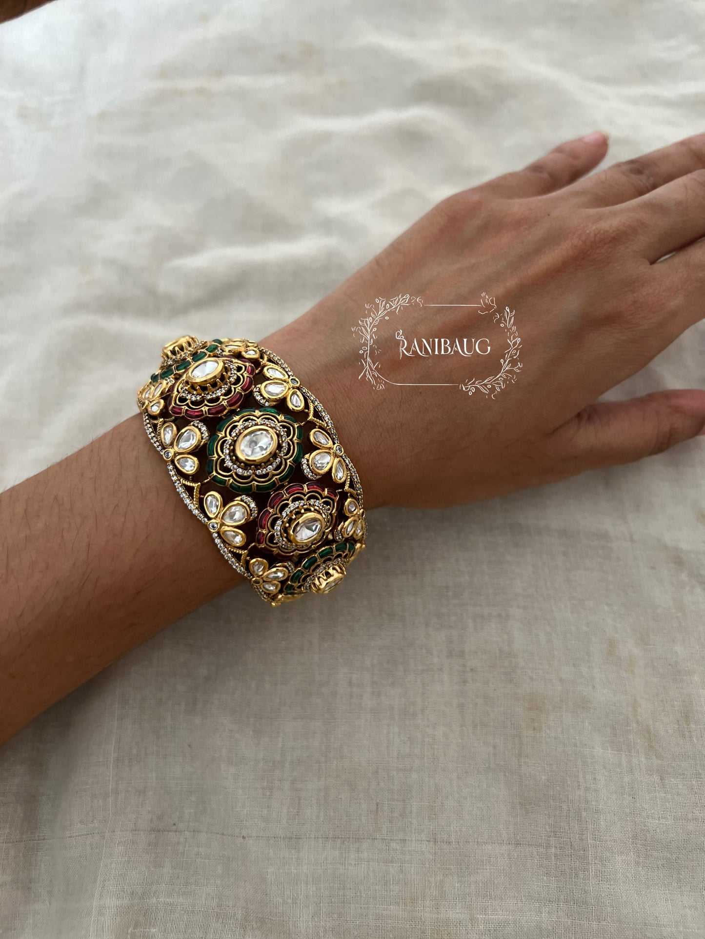 Kanika Broad Gold Plated Polki Kundan Bridal Bangle By Ranibaug | Bangles Jewelry For Bride Wedding Collection 2026
