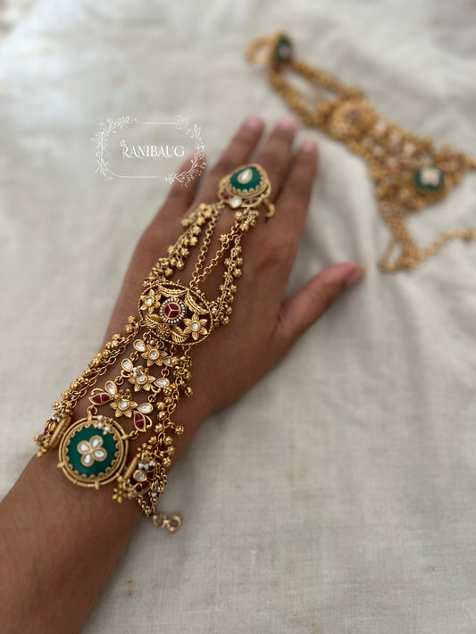 Karishma Rich Gold Finish Kundan Studded Emerald Ruby Color Heritage Haathphool By Ranibaug